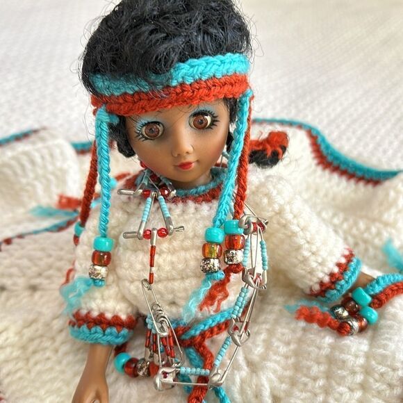Handcrafted Doll with White and Turquoise Crochet Outfit - Picture 1 of 11